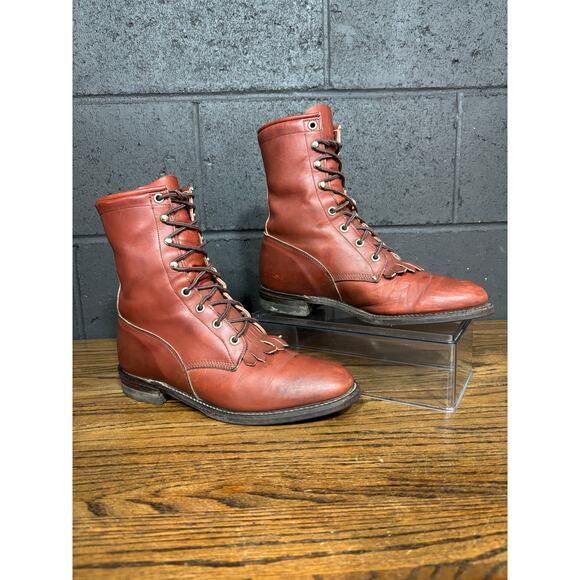 Justin Boots Shoes - Vintage Justin Lace Up Roper Boots Burgundy Leather Kiltie USA Women’s 7.5